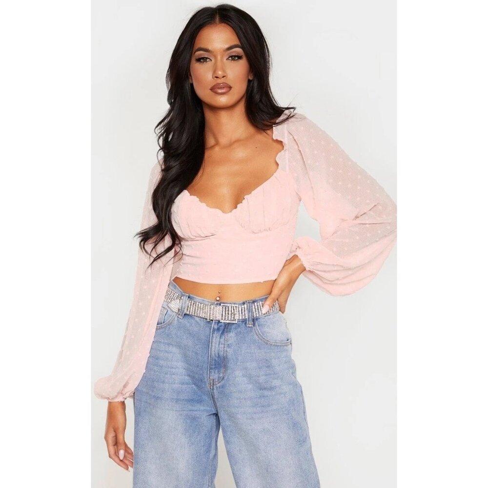 PrettyLittleThing Crop Top Size 6 Sweetheart Neck Swiss Dot Long Sleeve Feminine